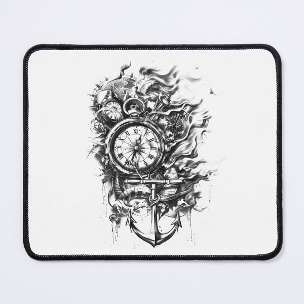 Item preview, Burning Compass and Anchor – Nautical Steampunk Black and White Art designed and sold by inkoutninja.