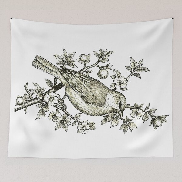 Item preview, Regency Era Cottagecore Songbird on Apple Blossom Branch Vintage Engraving designed and sold by LanaGustavsson.
