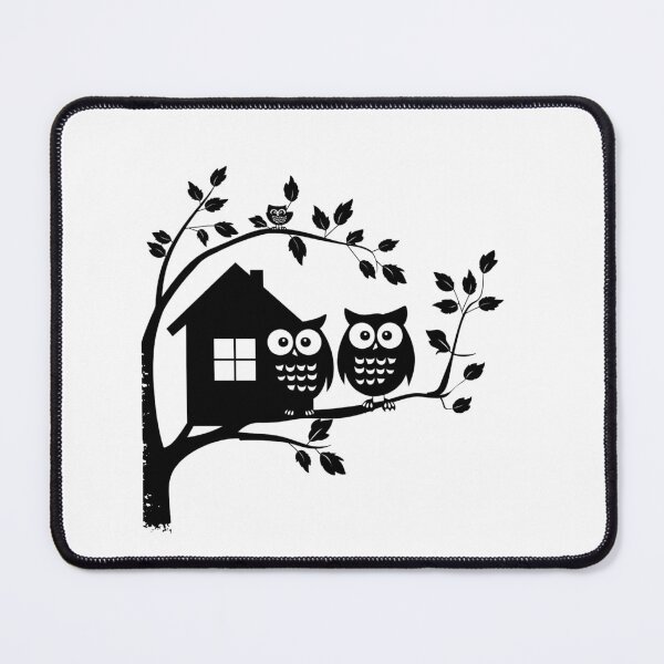 Item preview, Cute Owls on Tree Branch with House – Whimsical Black and White Nature Art designed and sold by inkoutninja.