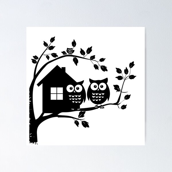 Item preview, Cute Owls on Tree Branch with House – Whimsical Black and White Nature Art designed and sold by inkoutninja.