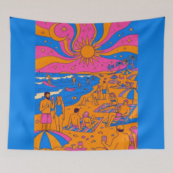 Item preview, Busy Psychedelic Beach Scene – Retro Summer Crowd Illustration designed and sold by DrizzyV.