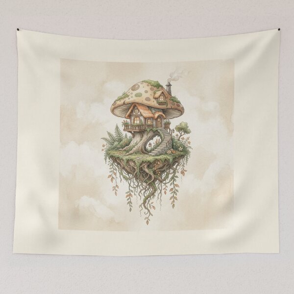 Item preview, Whimsical Mushroom House - Floating Fairy Cottage Art designed and sold by MaynyStudio.