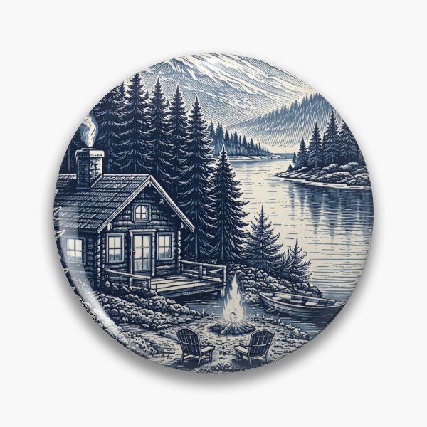 Item preview, Cozy Cabin by the Lake – Night Landscape Two Tone Vintage Art designed and sold by DrizzyV.