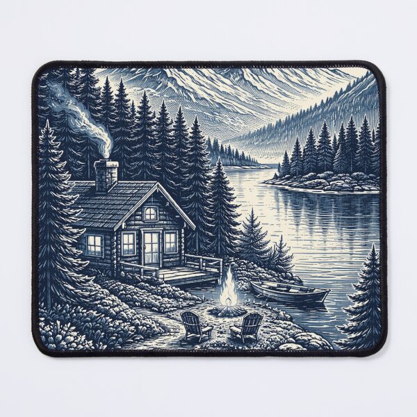 Item preview, Cozy Cabin by the Lake – Night Landscape Two Tone Vintage Art designed and sold by DrizzyV.