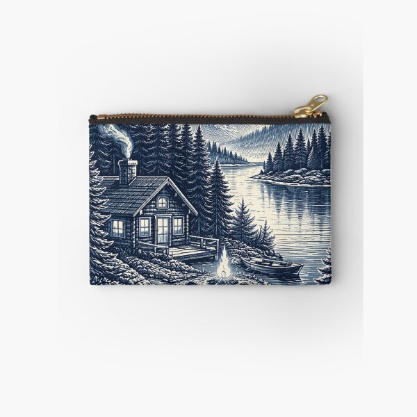 Item preview, Cozy Cabin by the Lake – Night Landscape Two Tone Vintage Art designed and sold by DrizzyV.