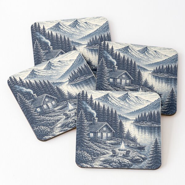 Item preview, Cozy Cabin by the Lake – Night Landscape Two Tone Vintage Art designed and sold by DrizzyV.