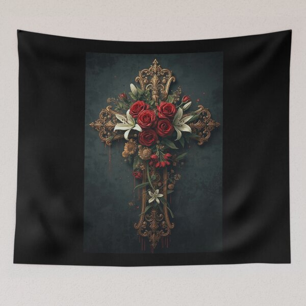 Item preview, Gothic Ornate Golden Cross With Red Roses designed and sold by LakLuxe studio .