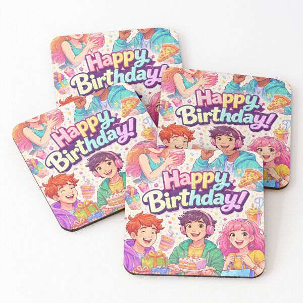 Item preview, Happy Birthday! Colorful Party Friends with Cake, Gifts & Balloons Cartoon Art designed and sold by David Brookes Digital.