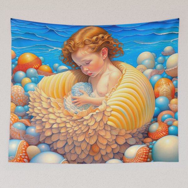 Item preview, Mermaid Baby Playing with Seashells Hyperrealistic Fantasy Ocean Art designed and sold by LanaGustavsson.