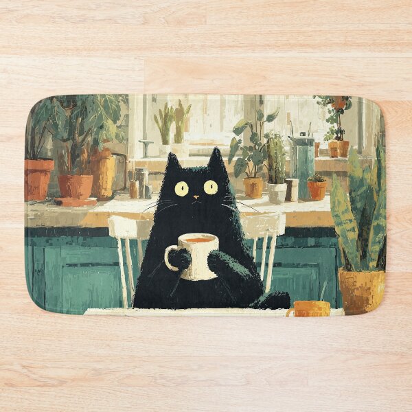 Artikelvorschau, Gemütliche schwarze Katze mit Tee in der Küche entworfen und verkauft von Erika Kaisersot.