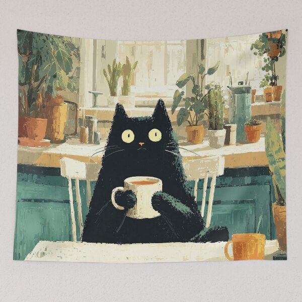 Item preview, Cozy Black Cat with Tea in Kitchen designed and sold by Erika Kaisersot.