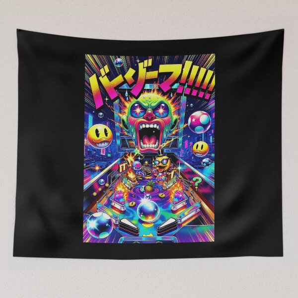 Item preview, Pinball Chaos - Psychedelic Japanese Arcade Monster with Flaming Duck & Neon Art designed and sold by David Brookes Digital.