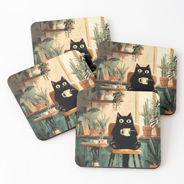 Item preview, Black Cat with Coffee in Plant Kitchen designed and sold by Erika Kaisersot.