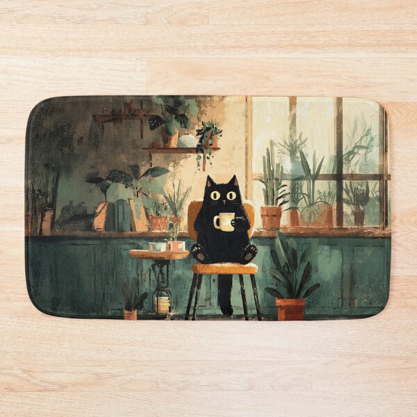 Artikelvorschau, Schwarze Katze mit Kaffee in der Pflanzenküche entworfen und verkauft von Erika Kaisersot.