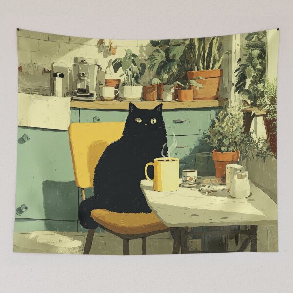 Item preview, Black Cat Coffee Break in Cozy Kitchen designed and sold by Erika Kaisersot.