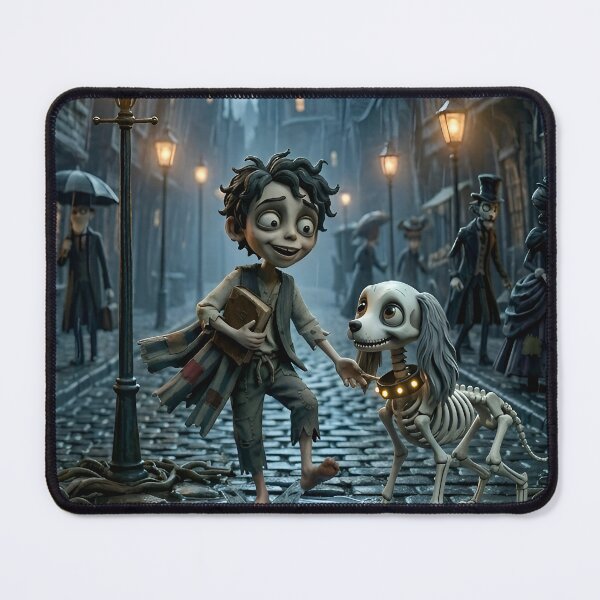 Item preview, Gothic ChildhoodBoy and Skeleton Dog Playing in Rain – Victorian Gothic Style Art designed and sold by NUTMA Design.