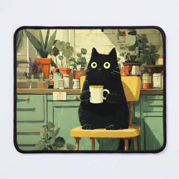 Item preview, Black Cat Drinking Coffee in Cozy Kitchen designed and sold by Erika Kaisersot.