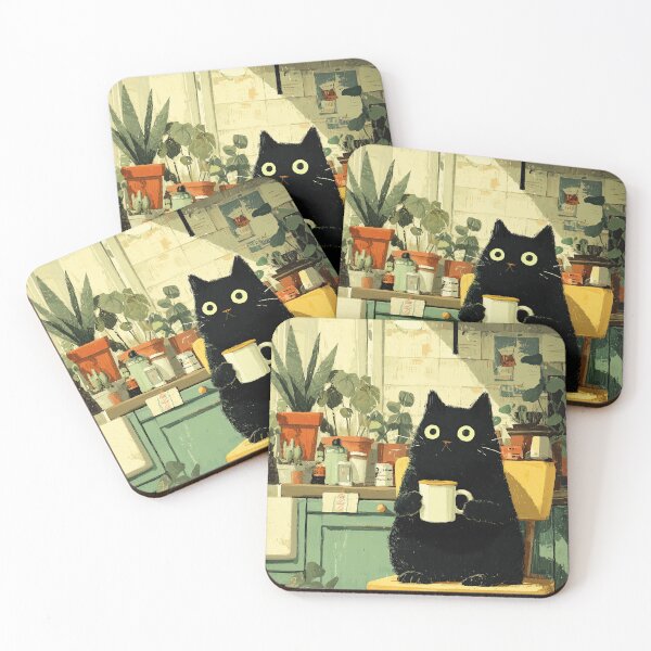 Item preview, Black Cat Drinking Coffee in Cozy Kitchen designed and sold by Erika Kaisersot.