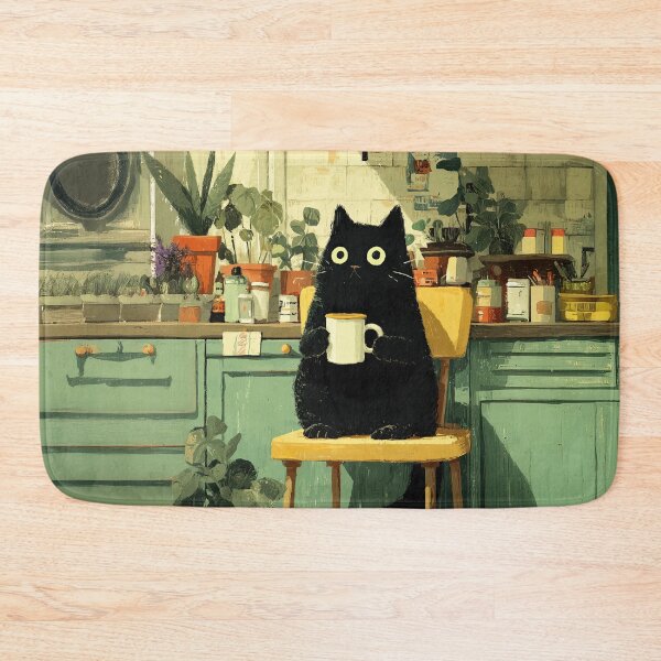 Artikelvorschau, Schwarze Katze trinkt Kaffee in gemütlicher Küche entworfen und verkauft von Erika Kaisersot.