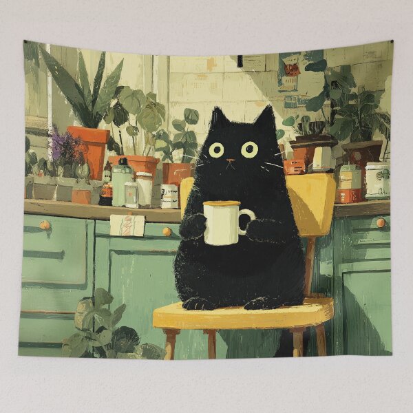 Item preview, Black Cat Drinking Coffee in Cozy Kitchen designed and sold by Erika Kaisersot.