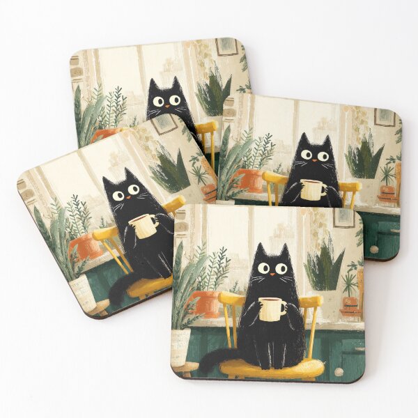 Item preview, Black Cat Drinking Coffee in Cozy Kitchen designed and sold by Erika Kaisersot.