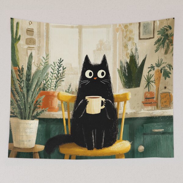 Item preview, Black Cat Drinking Coffee in Cozy Kitchen designed and sold by Erika Kaisersot.