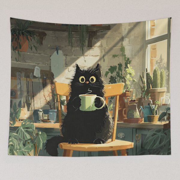 Item preview, Black Cat Morning Coffee in Kitchen designed and sold by Erika Kaisersot.