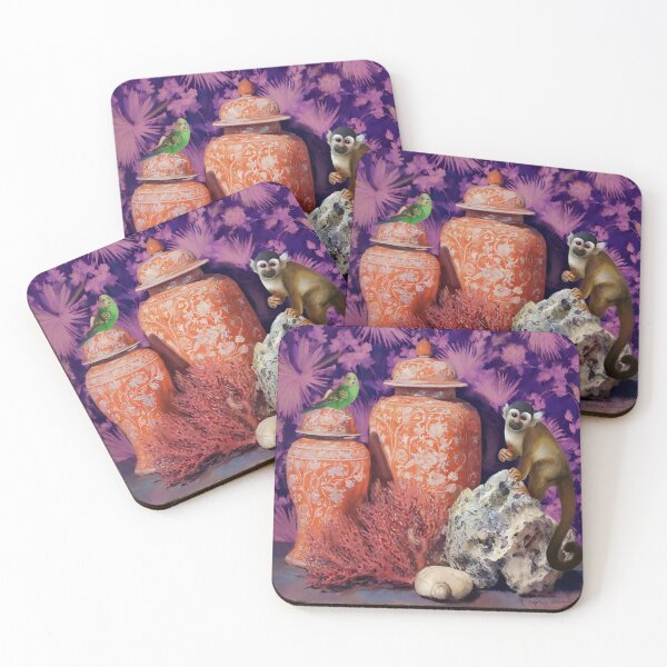 Item preview, Still life with orange ginger jars red corals and cheeky monkey designed and sold by SophieClimaArt.