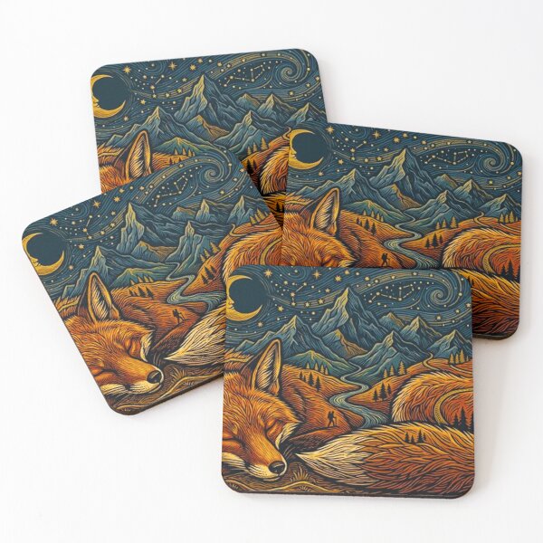 Item preview, Sleeping Fox Celestial Mountain Landscape Whimsical Starry Night Art designed and sold by MT-Hub | Art for Every Soul.