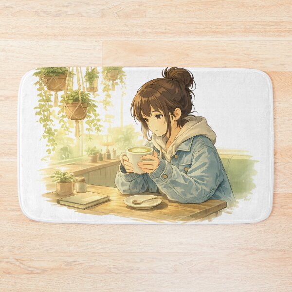 Artikelvorschau, Lo-Fi-Mädchen im Matcha-Café, Anime-Ästhetik, gemütliches Pflanzen-Café, Illustration im Ghibli-Stil, entspannendes Lernmädchen entworfen und verkauft von Art-Selling.