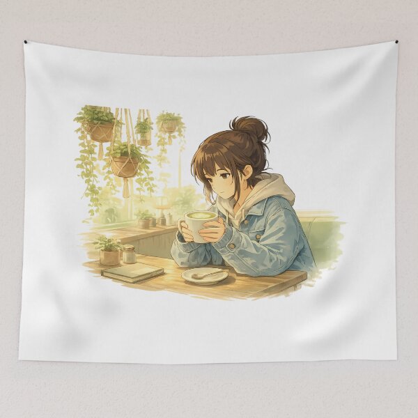 Artikelvorschau, Lo-Fi-Mädchen im Matcha-Café, Anime-Ästhetik, gemütliches Pflanzen-Café, Illustration im Ghibli-Stil, entspannendes Lernmädchen entworfen und verkauft von Art-Selling.