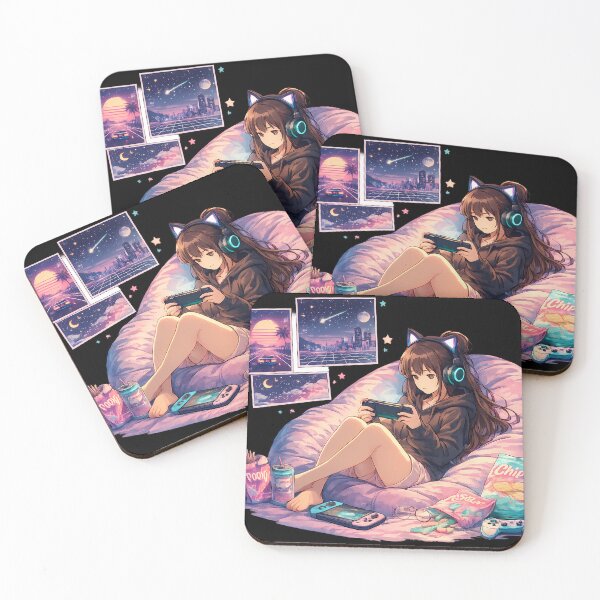 Item preview, Lo Fi Girl Gaming Anime Aesthetic Cozy Gamer Girl Vaporwave Anime Cat Headphones Illustration designed and sold by Art-Selling.
