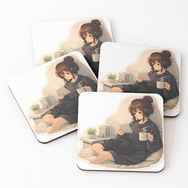 Item preview, Lo Fi Girl Cozy Reading Anime Aesthetic Minimalist Girl Black Cat Relaxing Anime Sticker designed and sold by Art-Selling.