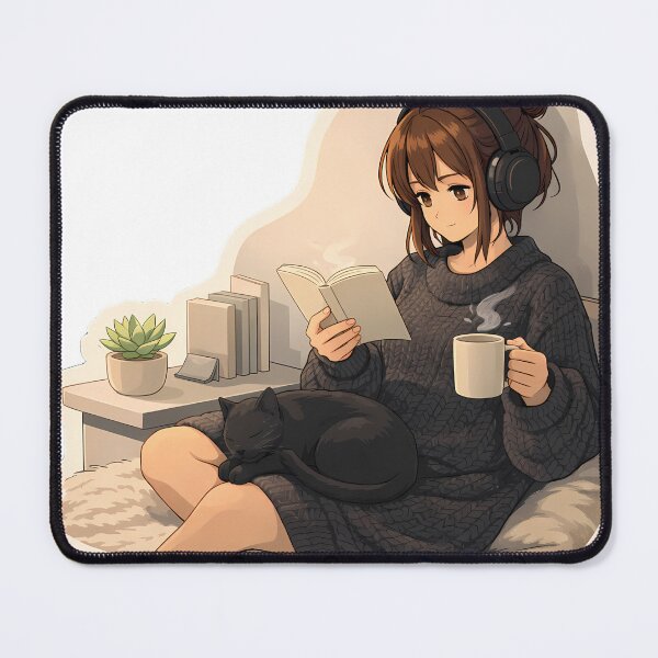 Item preview, Lo Fi Girl Cozy Reading Anime Aesthetic Minimalist Girl Black Cat Relaxing Anime Sticker designed and sold by Art-Selling.
