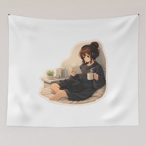 Artikelvorschau, Lo-Fi-Girl, gemütliches Lesen, Anime-Ästhetik, minimalistisches Mädchen, schwarze Katze, entspannender Anime-Aufkleber entworfen und verkauft von Art-Selling.