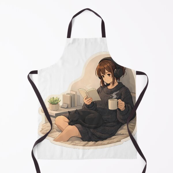 Aperçu de l'œuvre Lo Fi Girl Cozy Reading Anime Aesthetic Minimalist Girl Black Cat Relaxing Anime Sticker créée et vendue par Art-Selling.