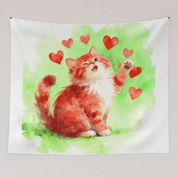Item preview, Red Kitten Surrounded by Red Hearts on Green Background designed and sold by Shelley Loewnau-Jones Studio.