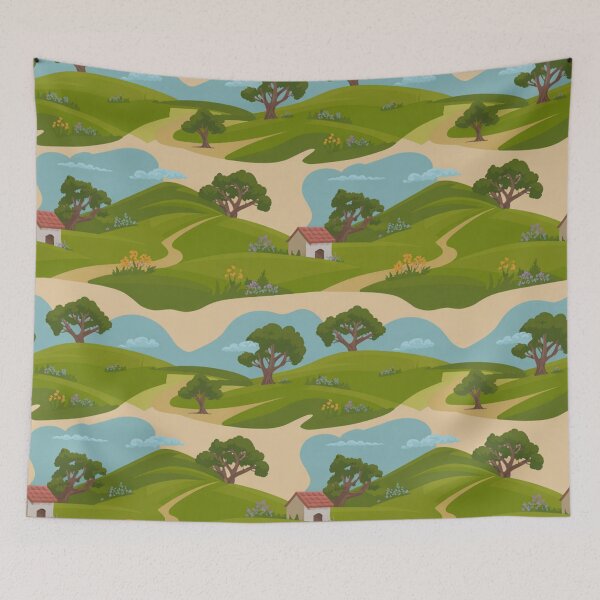 Item preview, Tuscan Landscape Seamless Pattern – Rolling Hills & Cottages designed and sold by Midnight Veil Designs.