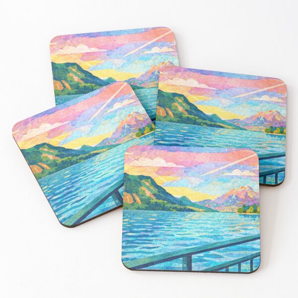 Item preview, Dreamy Pastel Sky over Turqoise Mountain Lake, Mixed Media Digital Collage designed and sold by SWSandraWechner.