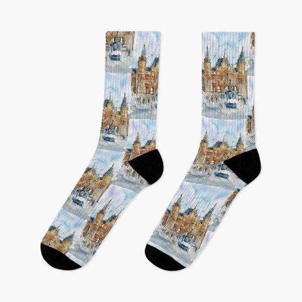 Item preview, Amsterdam Centraal Tram Station Watercolor Cityscape designed and sold by caracatita75.