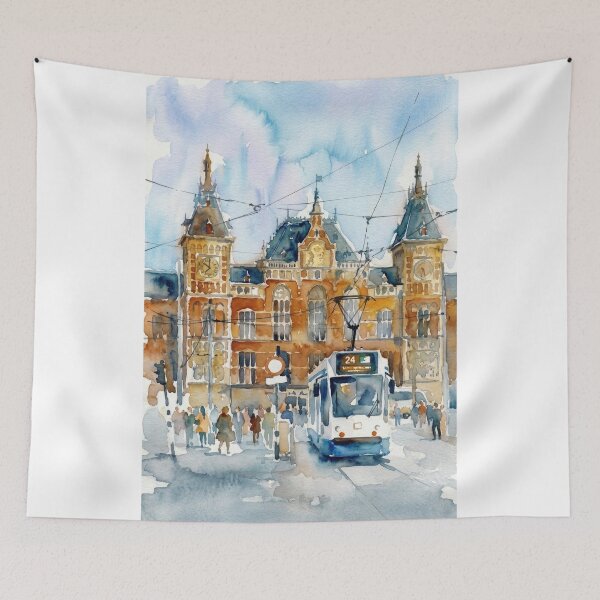 Item preview, Amsterdam Centraal Tram Station Watercolor Cityscape designed and sold by caracatita75.