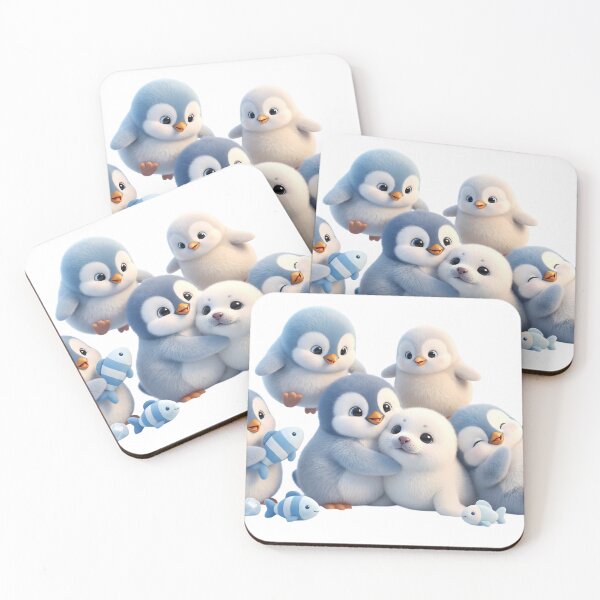 Aperçu de l'œuvre Adorables bébés pingouins câlinant un bébé phoque, animaux arctiques kawaii, autocollants d'animaux mignons aux tons pastel créée et vendue par Art-Selling.