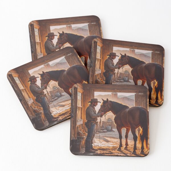 Item preview, Cowboy and Horse in Rustic Barn – Warm Western Ranch Art designed and sold by BeautifulVirtues.