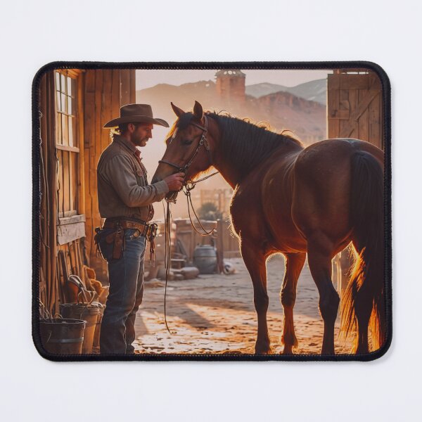 Item preview, Cowboy and Horse in Rustic Barn – Warm Western Ranch Art designed and sold by BeautifulVirtues.
