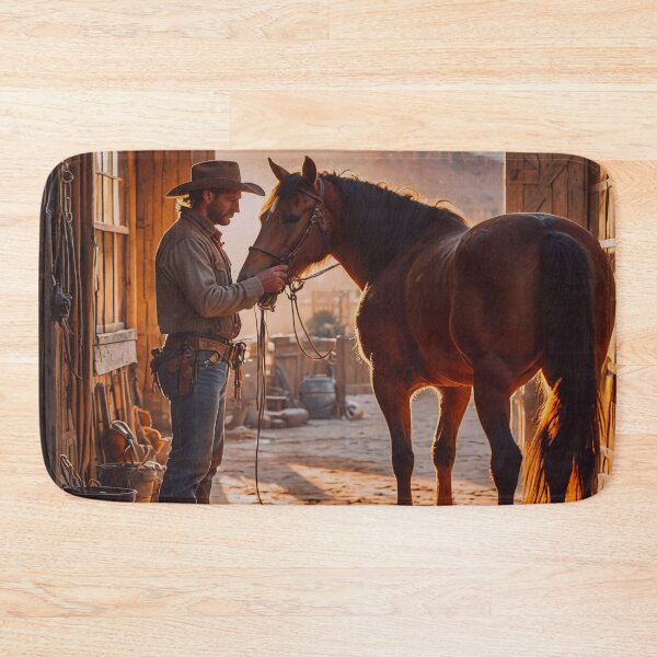 Item preview, Cowboy and Horse in Rustic Barn – Warm Western Ranch Art designed and sold by BeautifulVirtues.