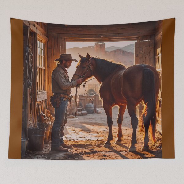Item preview, Cowboy and Horse in Rustic Barn – Warm Western Ranch Art designed and sold by BeautifulVirtues.