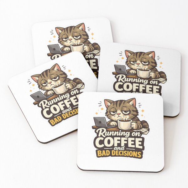 Aperçu de l'œuvre Running on Coffee and Bad Decisions Funny Cat Sticker créée et vendue par FluffiPopo.