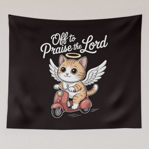 Aperçu de l'œuvre En route pour louer le Seigneur Chat – Humour chrétien pour amoureux des chats créée et vendue par Redgiant87x.