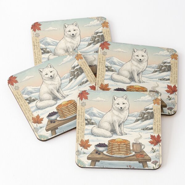 Item preview, Arctic fox in the snow with pancakes and coffee designed and sold by CoffeeinBloom.