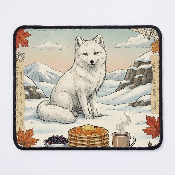 Item preview, Arctic fox in the snow with pancakes and coffee designed and sold by CoffeeinBloom.